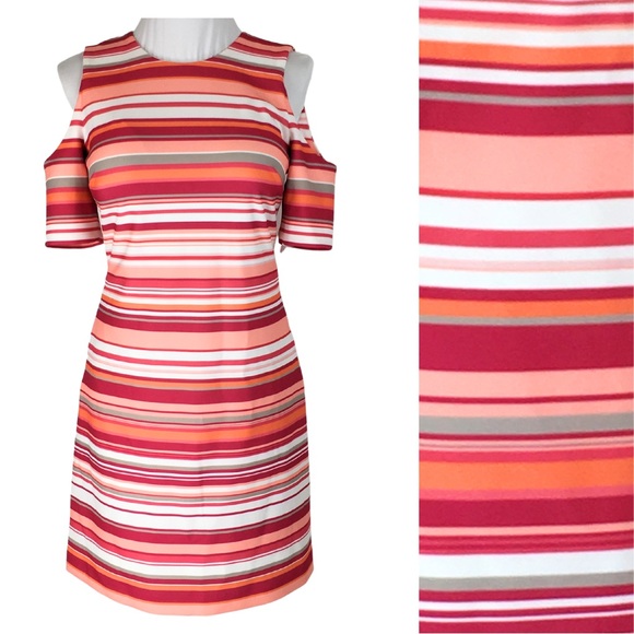 Calvin Klein HIBISCUS Pink Orange Striped Cold Shoulder A-Line Midi Dress size 6 - Picture 2 of 16